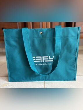 EFFY New York Teal Blue White Canvas Tote Shopping Beach Shoulder Bag Pocket